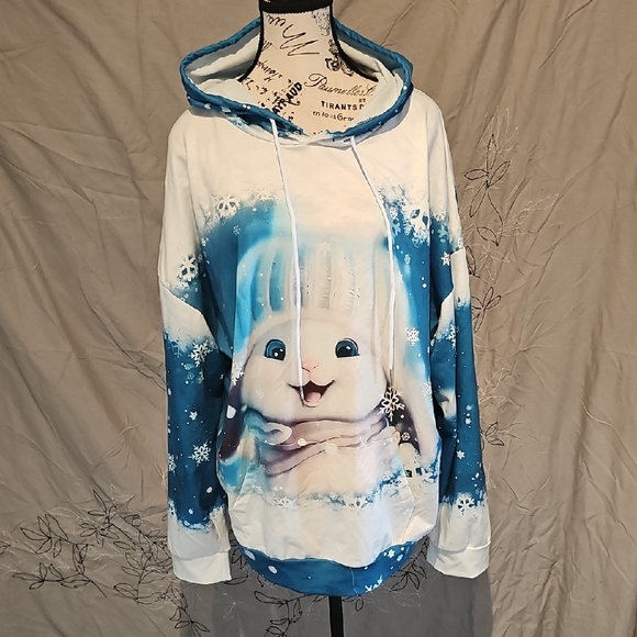 Source Unknown Tops - Source Unknown White and Blue Bunny Graphic Pullover Hoodie